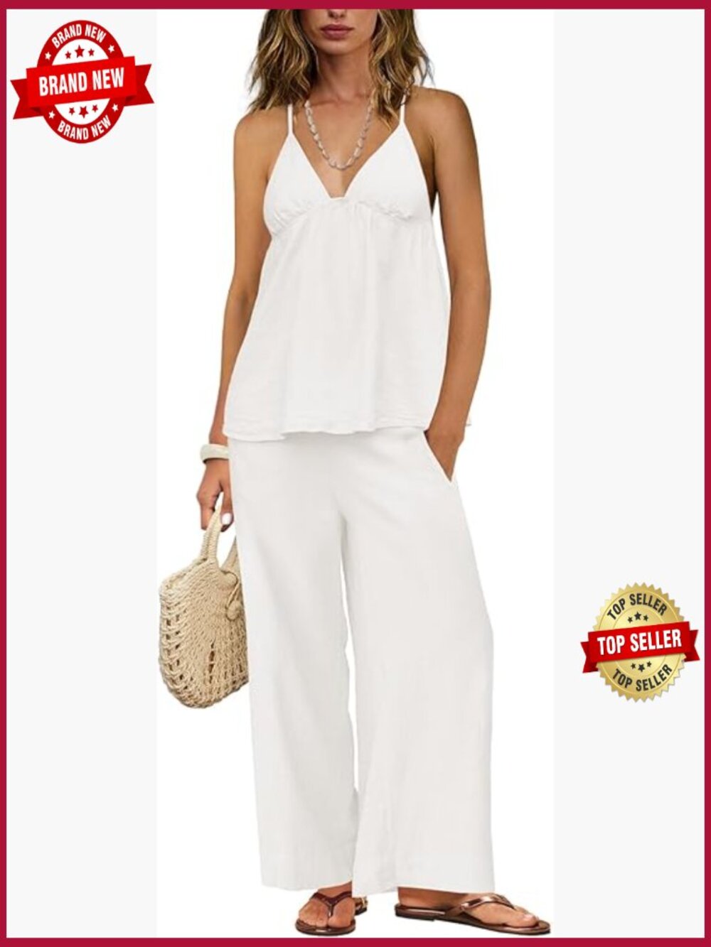 2 Piece Linen Set Spaghetti Strap Top Wide Leg Pants Pockets Loungewear
